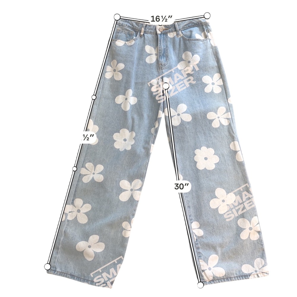 Flying Angel Daisy Floral Print Wide Leg Jeans Light Wash Blue White Size 13/31 - Picture 9 of 9